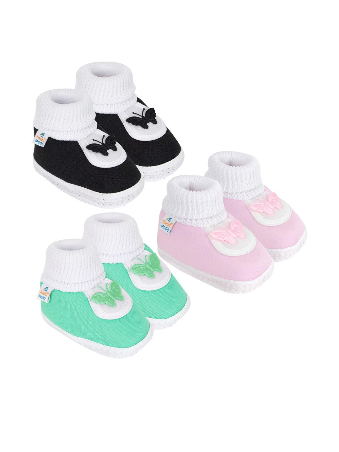 Neska Moda 0 To 6 Months Baby Boy & Girls 3 Pair Set Cotton Butterfly Newborn Skin-Friendly Booties (Toe to Heel Length - 10 cm, Black, Baby Pink, Light Green)