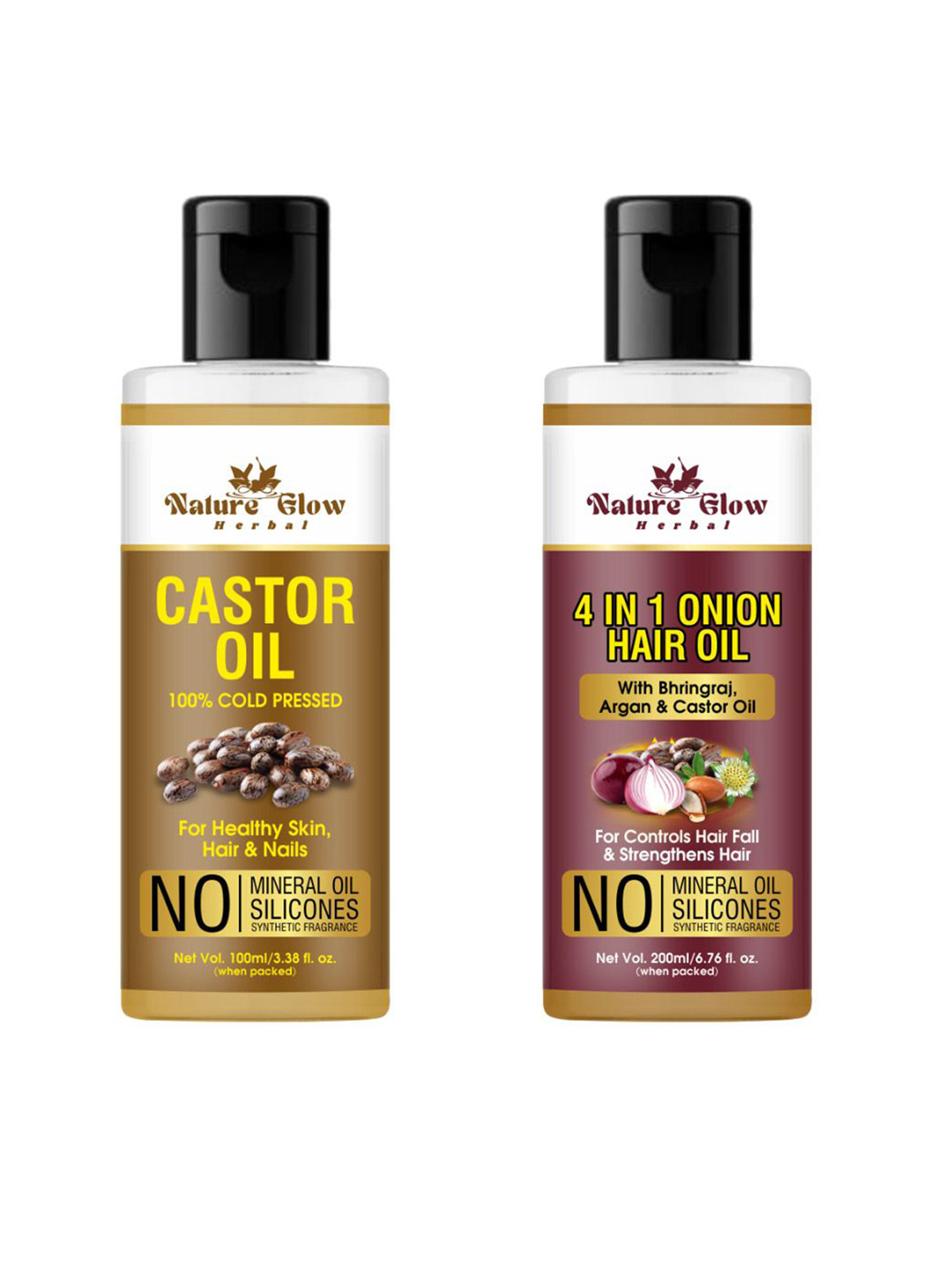 Nature Glow Herbal Set Of 2 Castor Oil 100 ml & 4 In Onion Hair Oil 200 ml