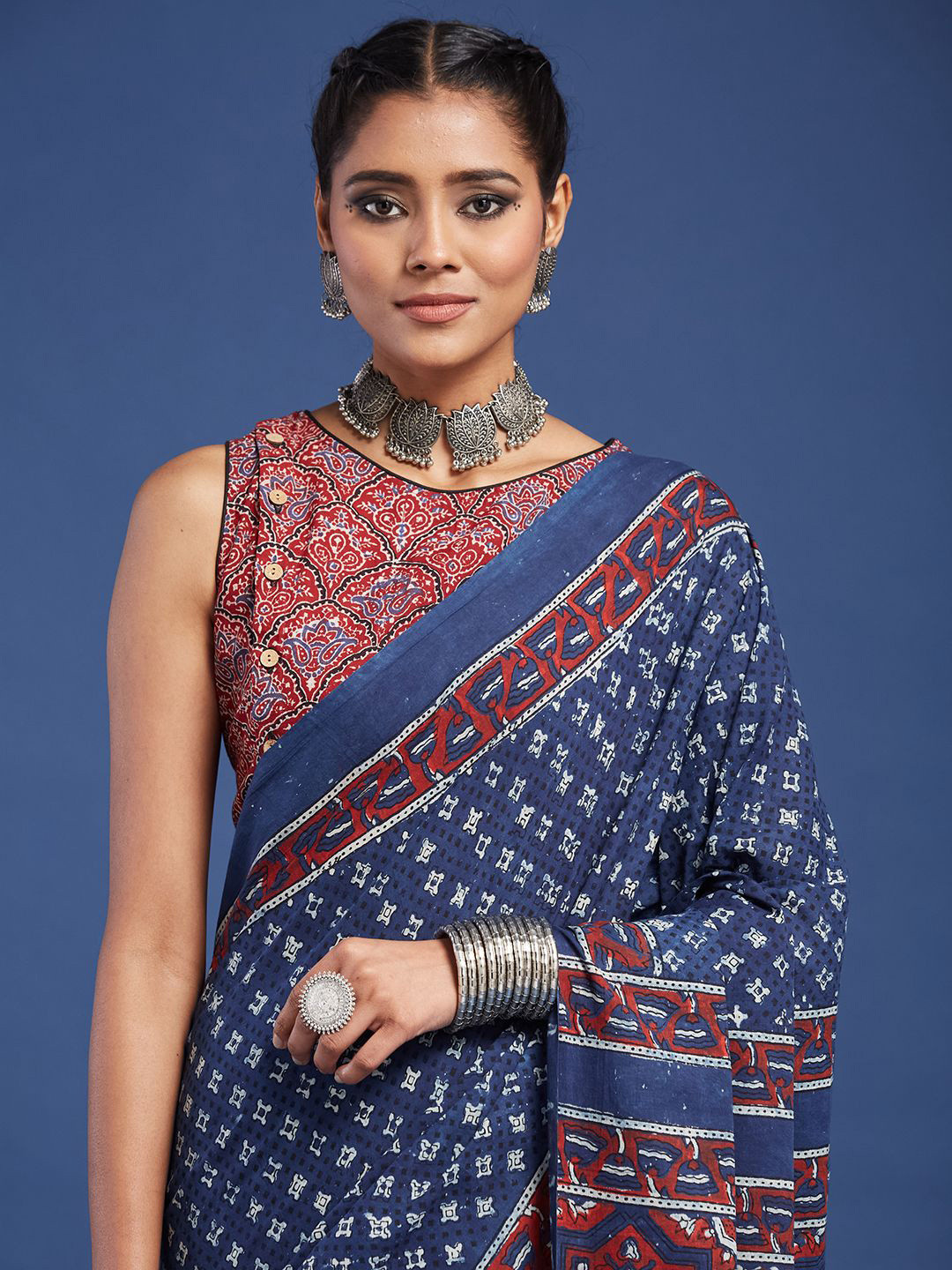 Taavi Hand Block Printed Ajrakh Saree With Geometric Borders & Classic Paisley Motif