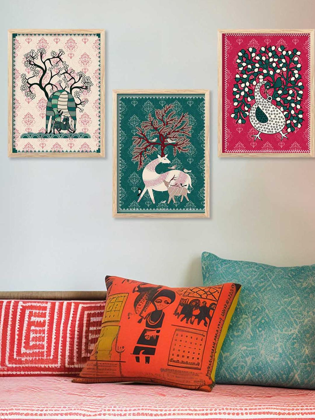 WALLLANE Beige & Green 3 Piece Wood Wall Paintings