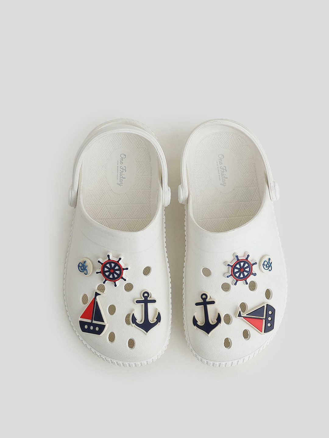 One Friday Kids White Nautical Clogs with 3D Marine Charms & Strap