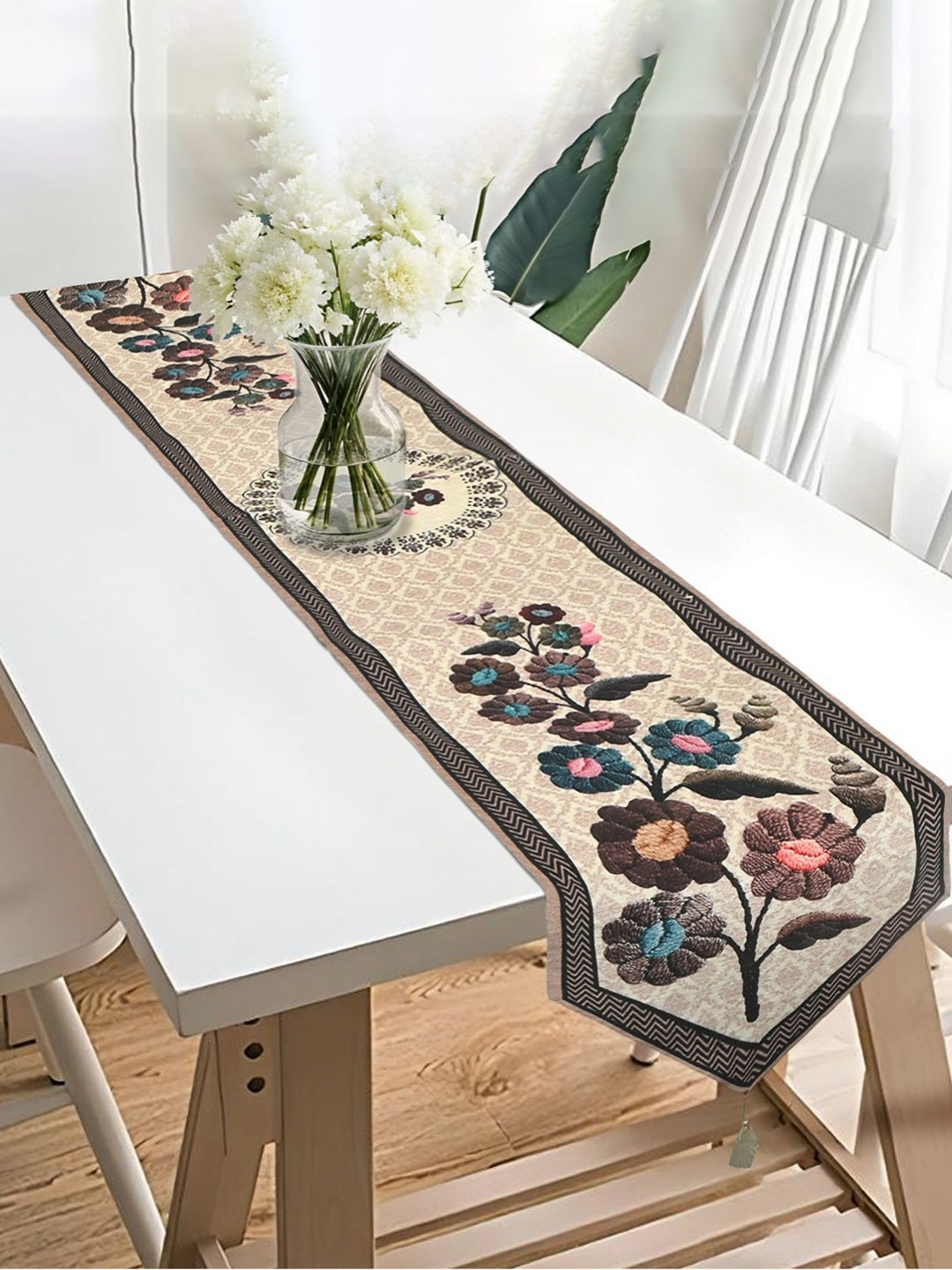 Aura Beige & Green Printed 6 Seater Velvet Dining Table Runner