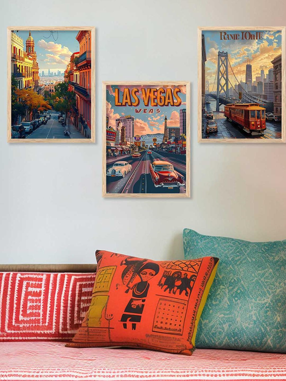 WALLLANE Brown 3 Piece Wood Wall Paintings