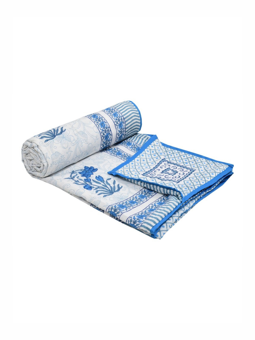 Sangria Blue & White Hand Floral Printed Cotton AC Room 150 GSM Single Dohar