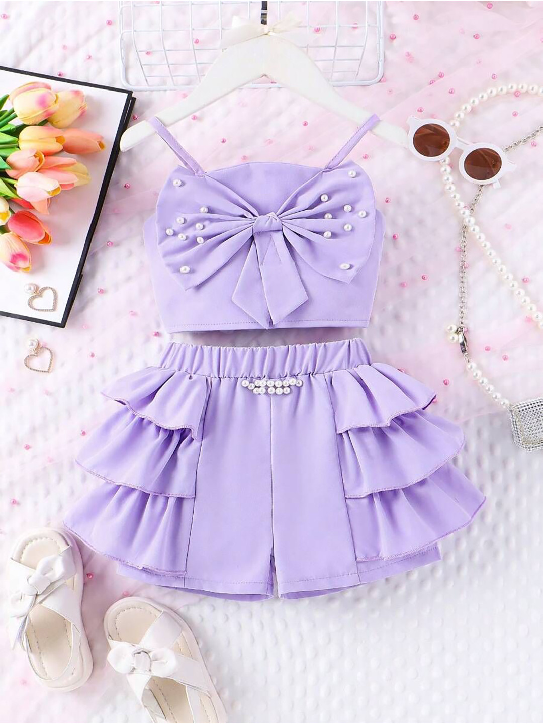 NABBU Girls Self Design Shoulder Straps Top & Shorts With Bow Detail