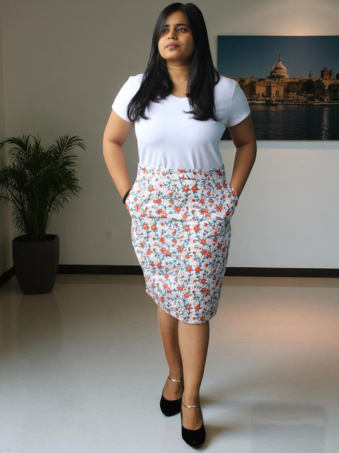 PRETANSHAH Hand Block Printed Pure Cotton Pencil Knee Length Skirt