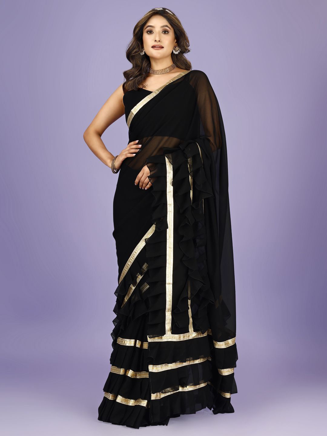 SAREEFLAME Zari Border Pure Georgette Ruffle Saree