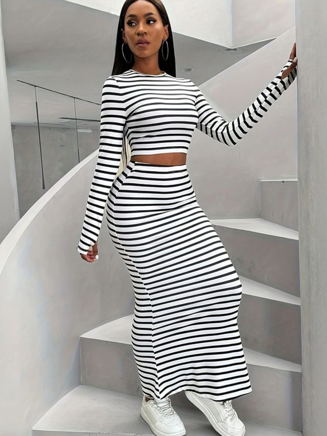KPOP Striped Round Neck Long Sleeves Top With Maxi Skirt Co-Ords