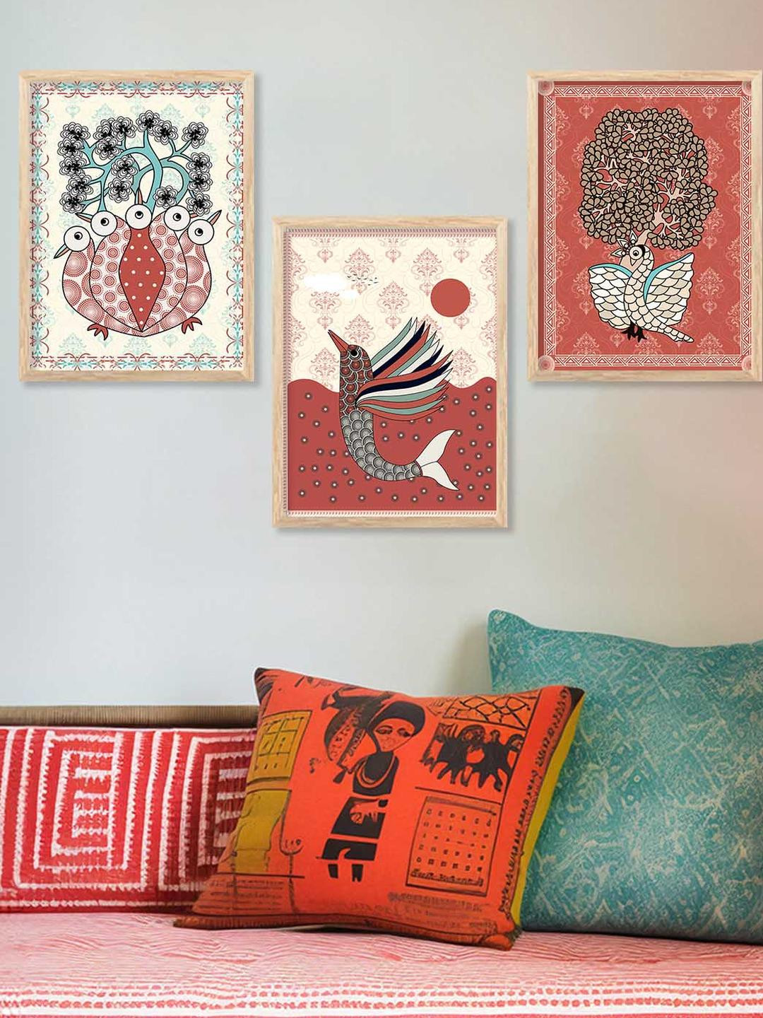 WALLLANE 3 Piece Wooden Madhubani Abstract Wall Paintings
