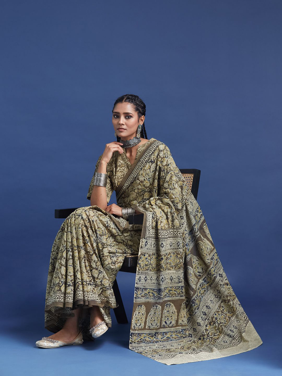 Taavi Women Hand Block Kalamkari Saree with Geometric Borders & Classic Motifs