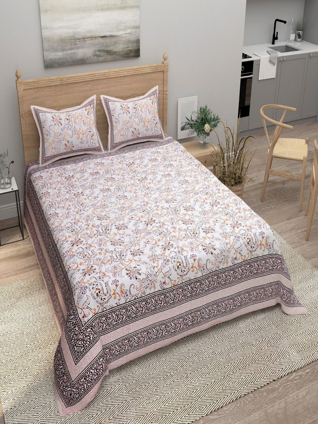 Bombay Spreads Beige & White Floral Pure Cotton 180TC Double King Bedsheet Set-2.74m X2.2m