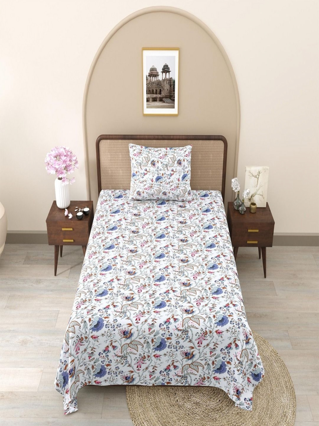 Bombay Spreads Blue & White Floral Cotton 240 TC Single Bedsheet Set 2.25 m X 1.50 m