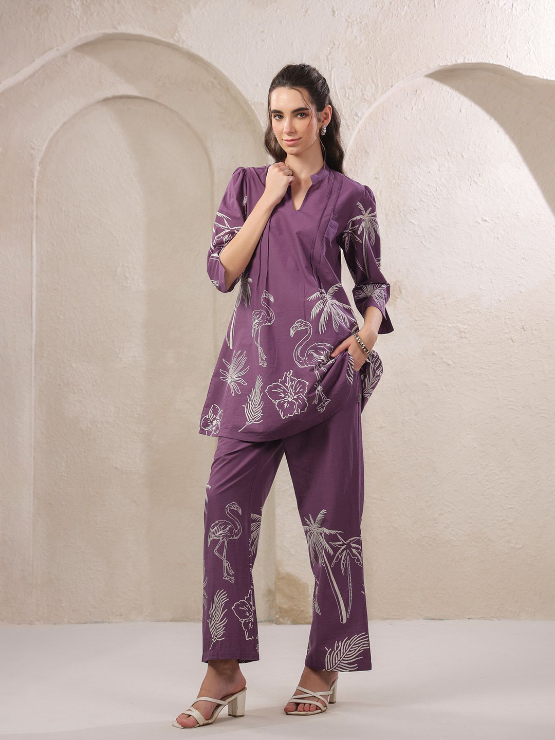 JISORA Purple Printed Mandarin Collar Neck Cotton Top With Trousers Co-Ords