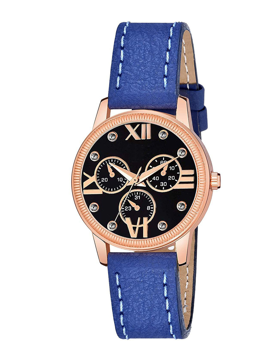 CSAMON Women Embellished Dial & Straps Analogue Watch C25RG_BK Mina BLU Leather_F