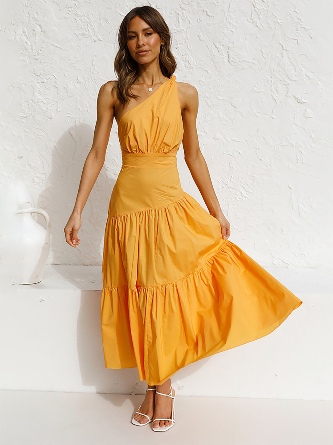 bebe One Shoulder Tiered Maxi Dress