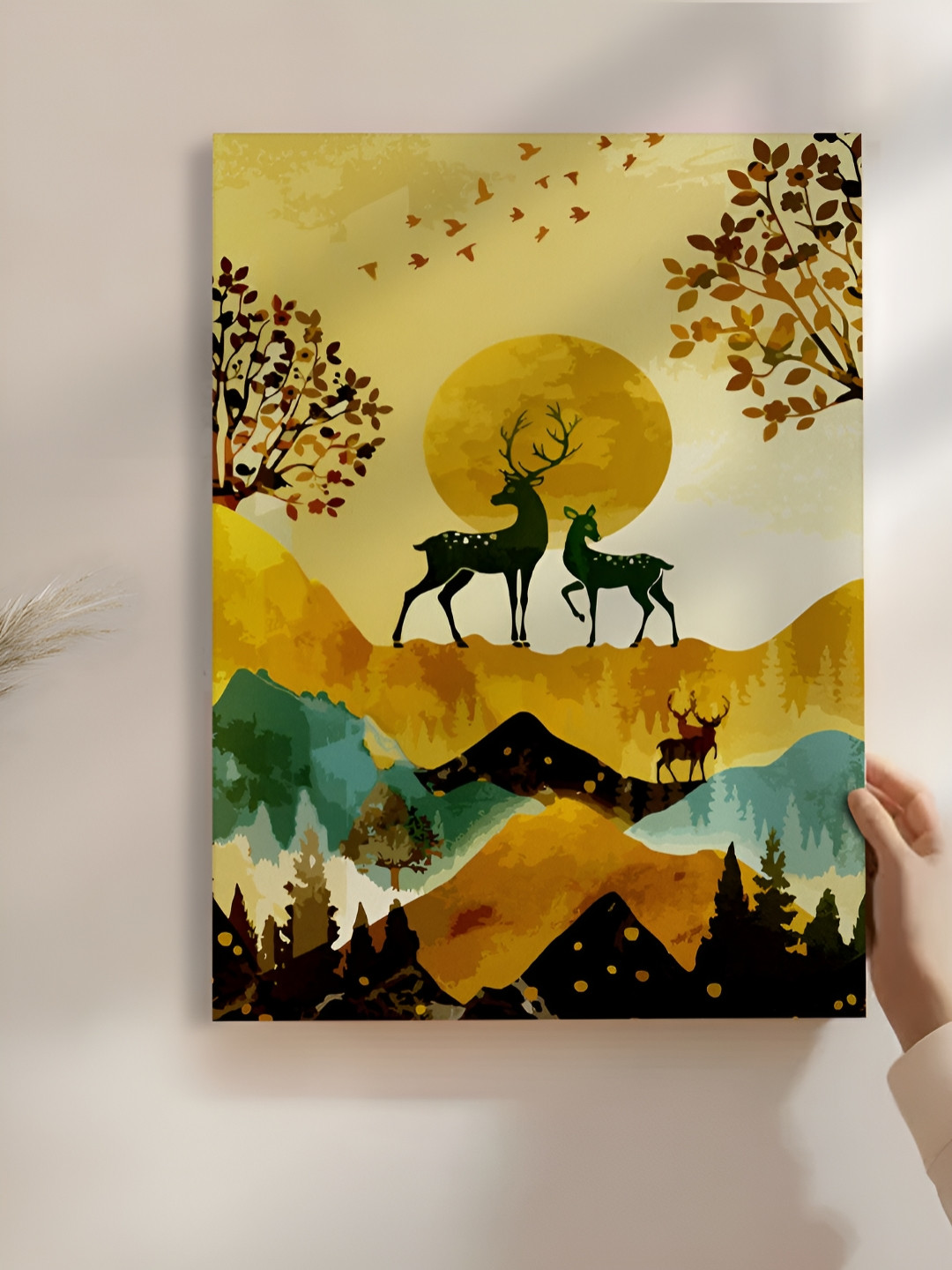 Myntra Elegant Homes Yellow & Green Canvas Birds and Animals Wall Art