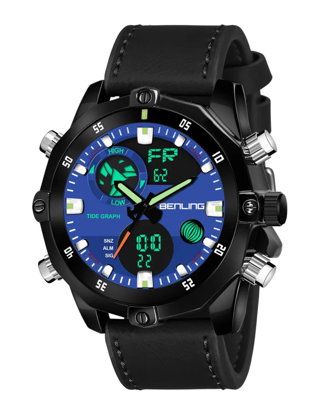 BENLING Men Dial & Leather Analogue and Digital Watch BL-1021-BLKCASE-ROUND-BLU-BLACK