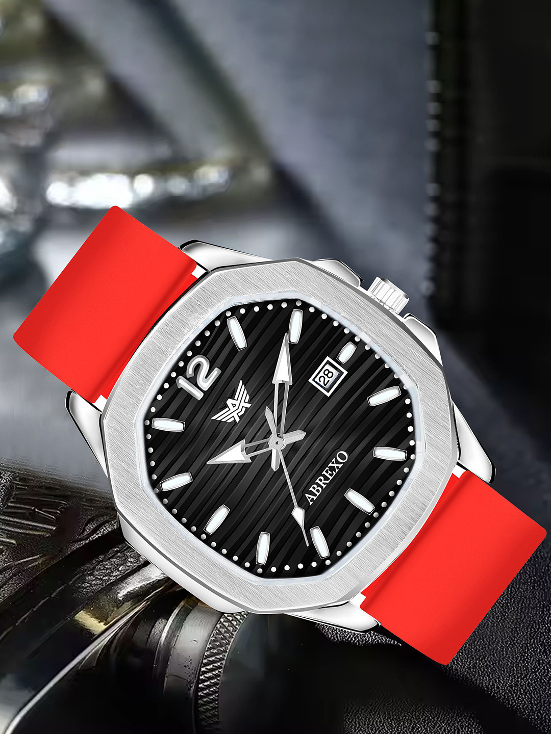 Abrexo Men Silicon Analogue Watch Abx6600-Silver Black Dial Red Strap