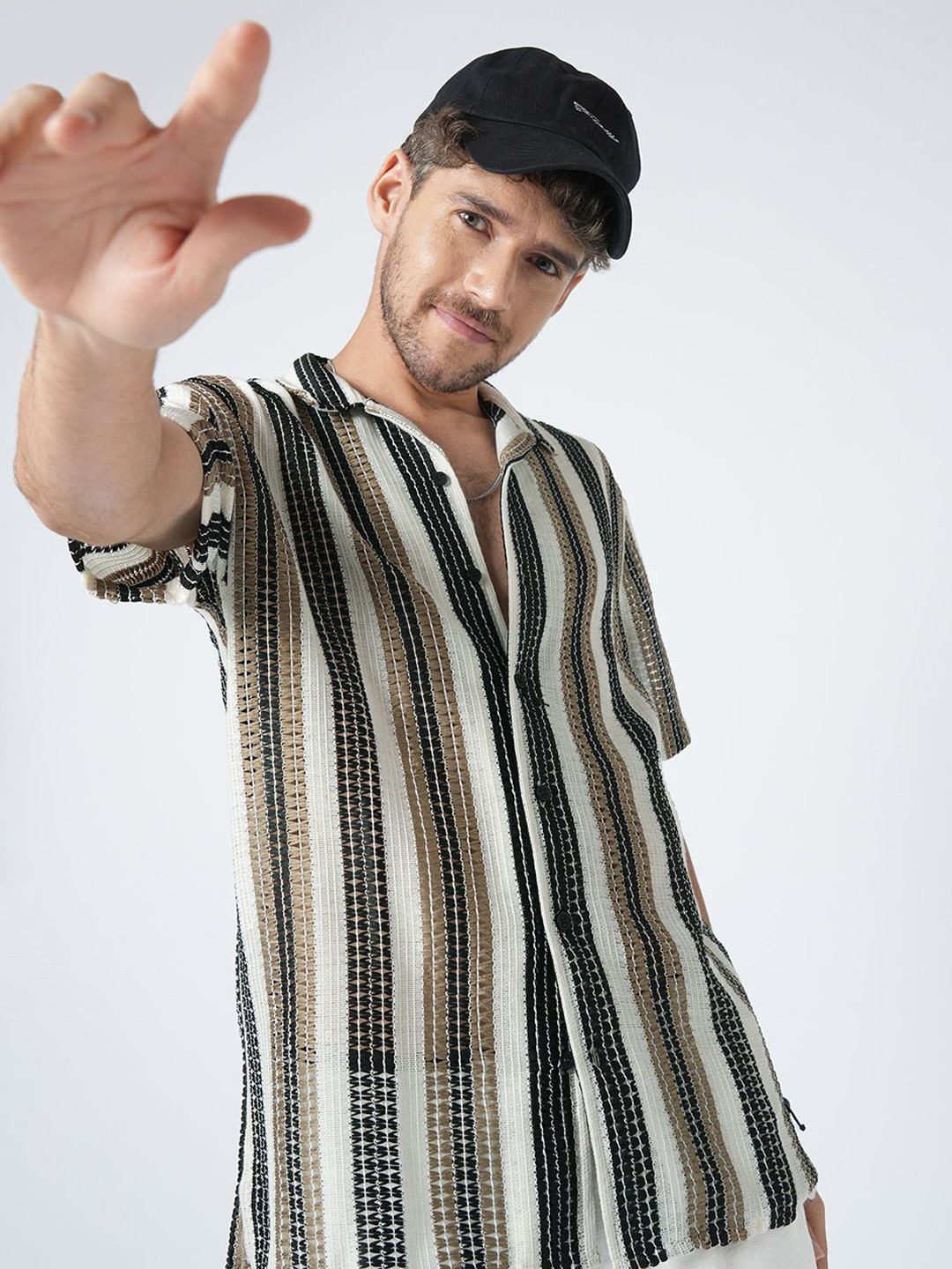 VASTRADO Oversized Classic Boho Weave Striped Crochet Cotton Casual Shirt