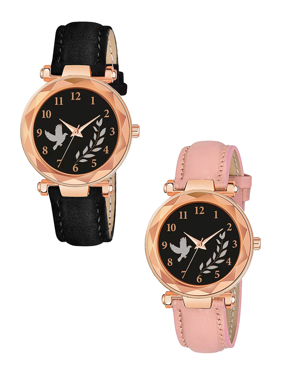 CSAMON Women Set Of 2 Regular Straps Analogue Watch GR379RG BIRD BLK Vel PINK G L