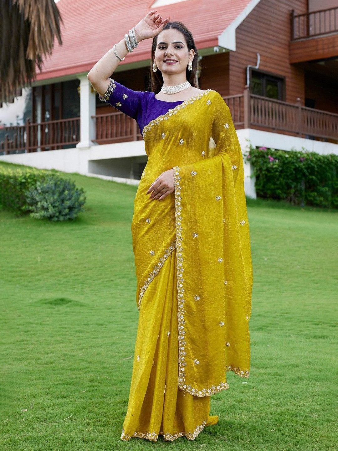 K 5 Fashion Embellished Beads and Stones Pure Chiffon  Jimmy choo Saree