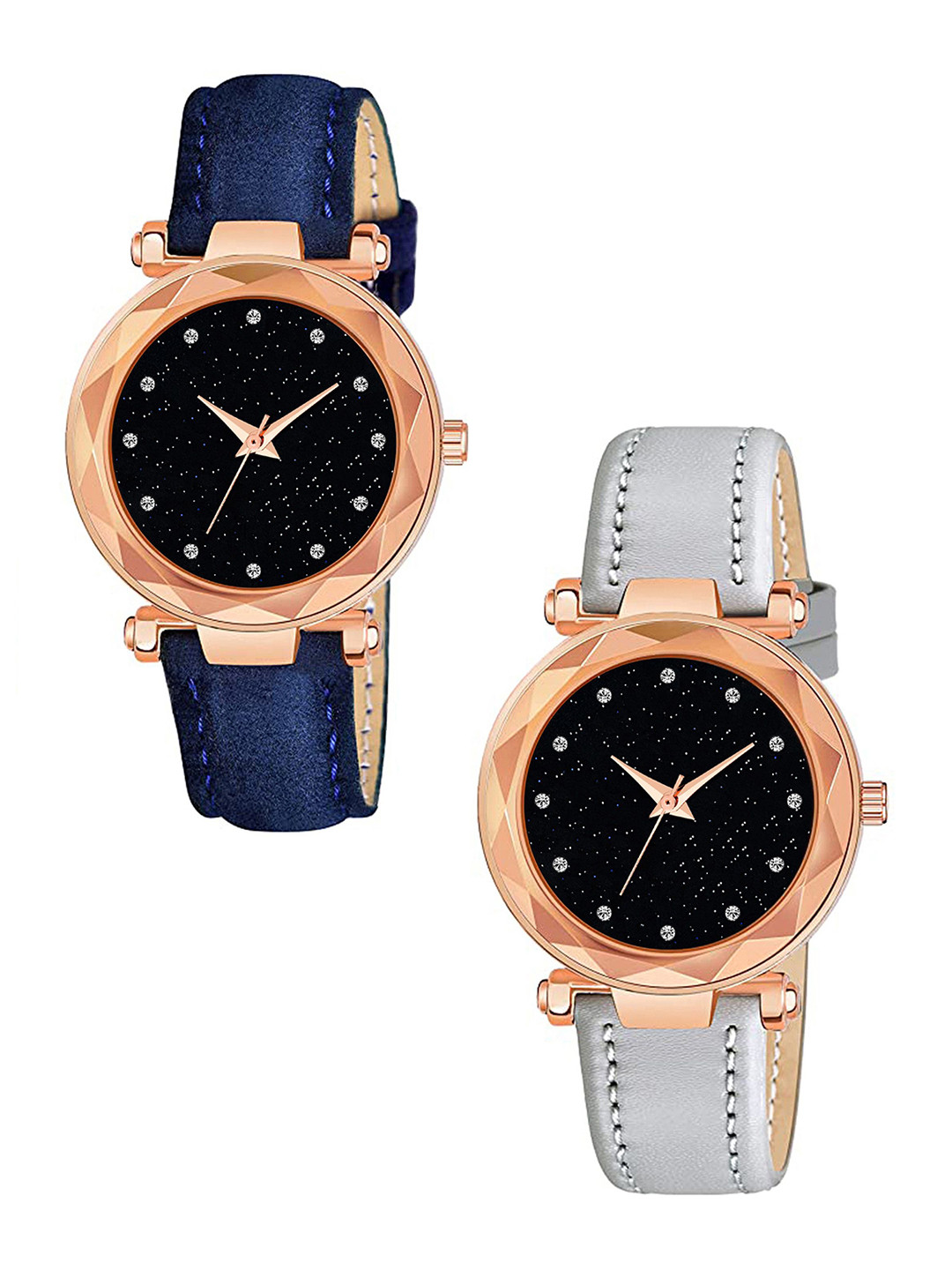 CSAMON Women Set Of 2 Embellished Dial & Straps Analogue Watch GR379RG 12D BLU Vel GREY L