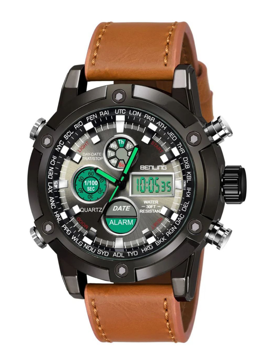 BENLING Men Dial & Leather Wrap Around Straps Analogue and Digital Watch BL-1005-ANADIGITAL-TAN