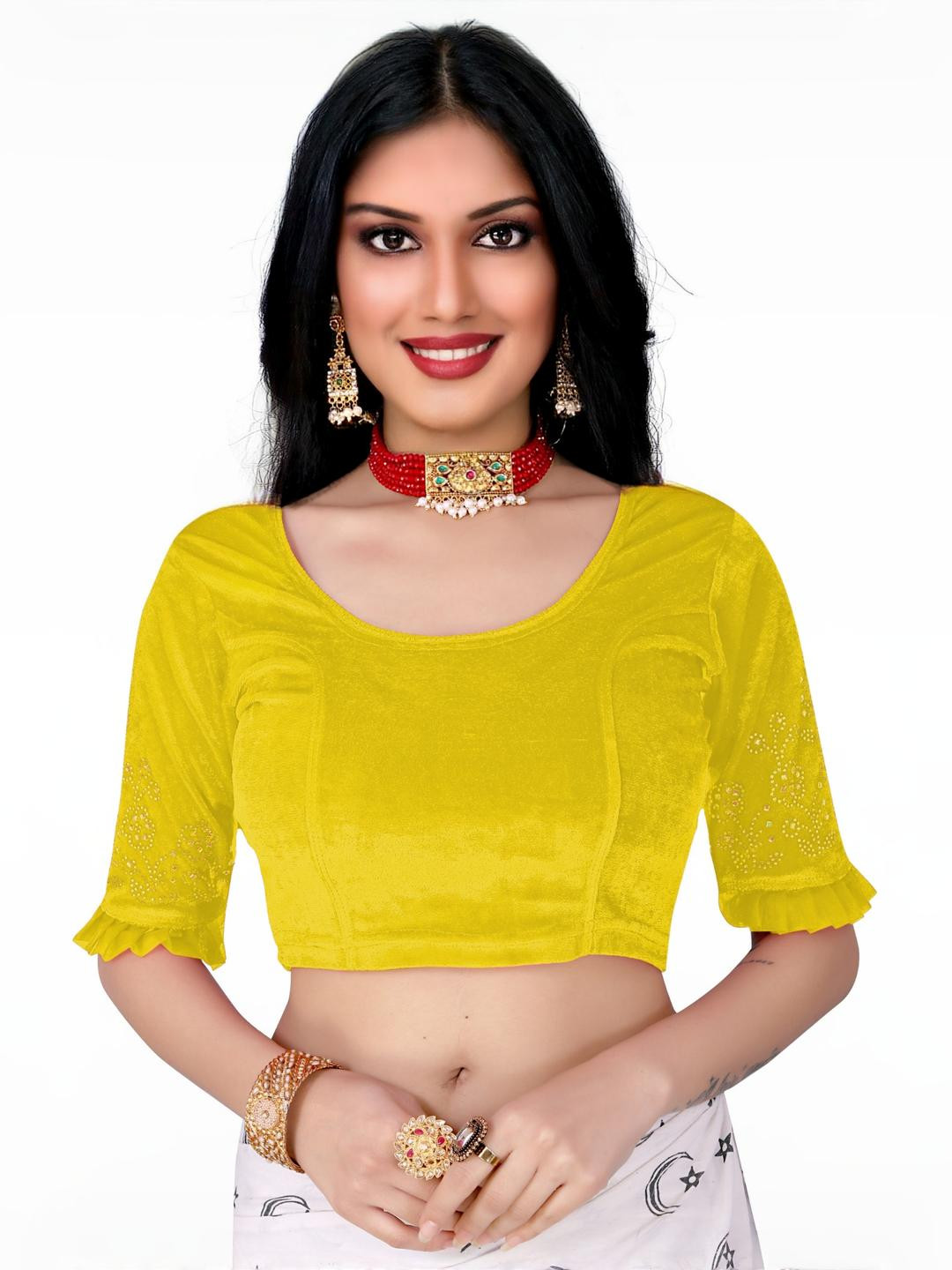 PU FASHION Women Yellow Saree Blouse