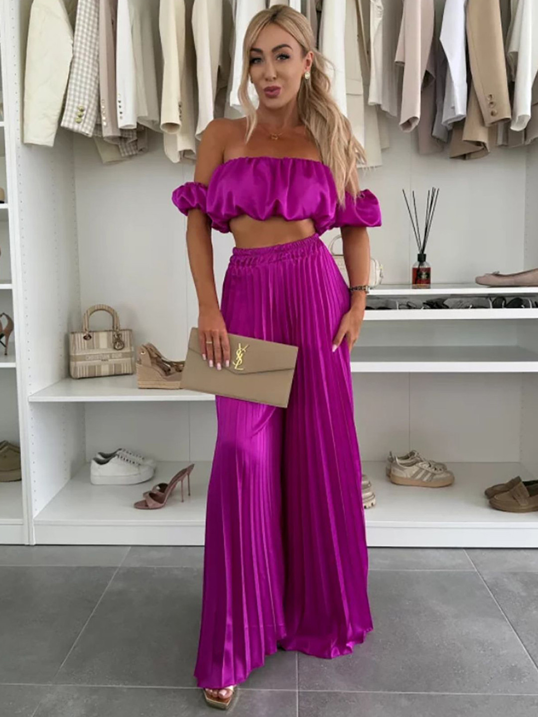 bebe Off Shoulder Short Sleeves Crop Top With Palazzo