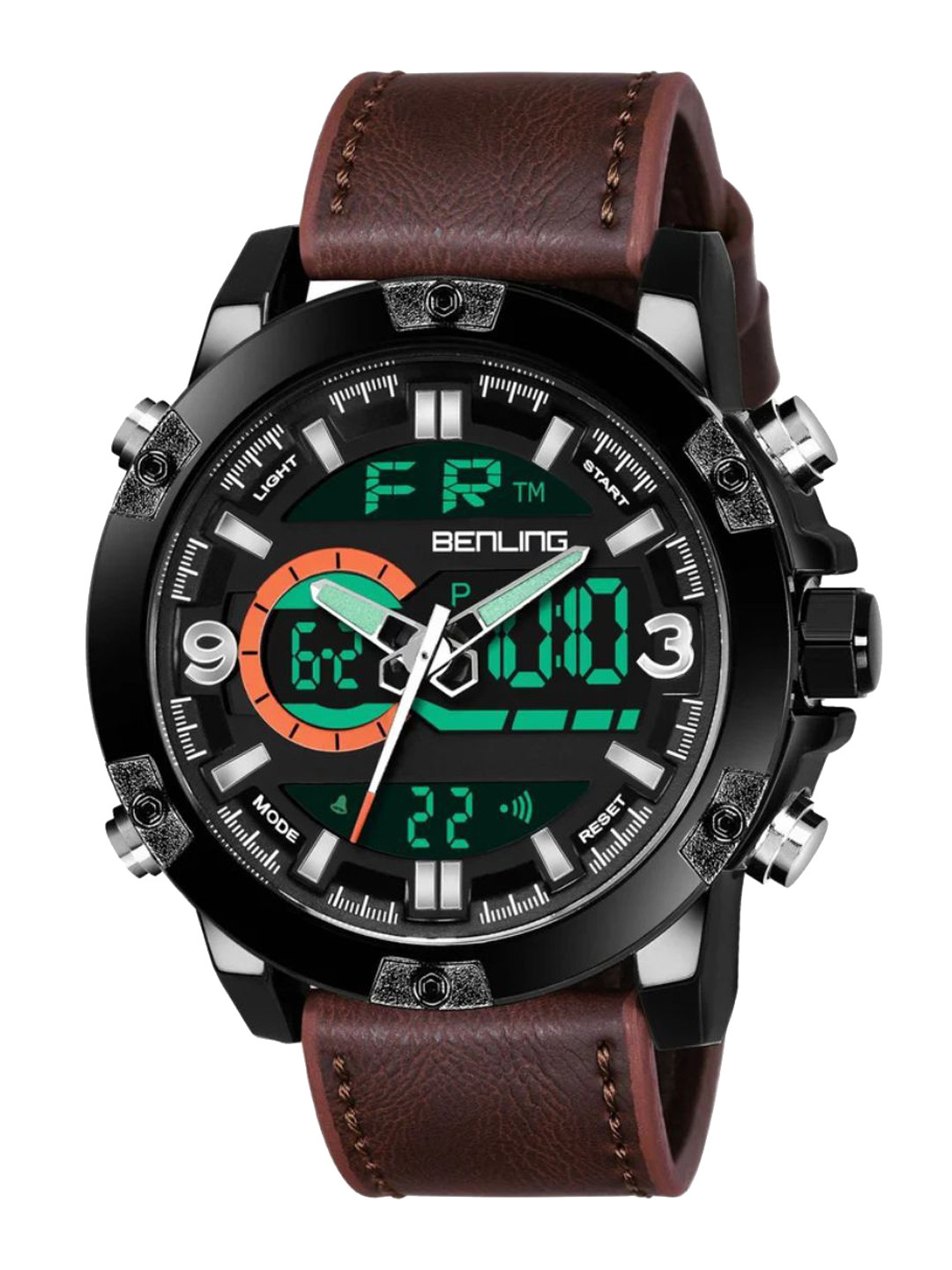 BENLING Men Leather Straps Analogue and Digital Watch BL-1004-ANA-DIGI-BROWN