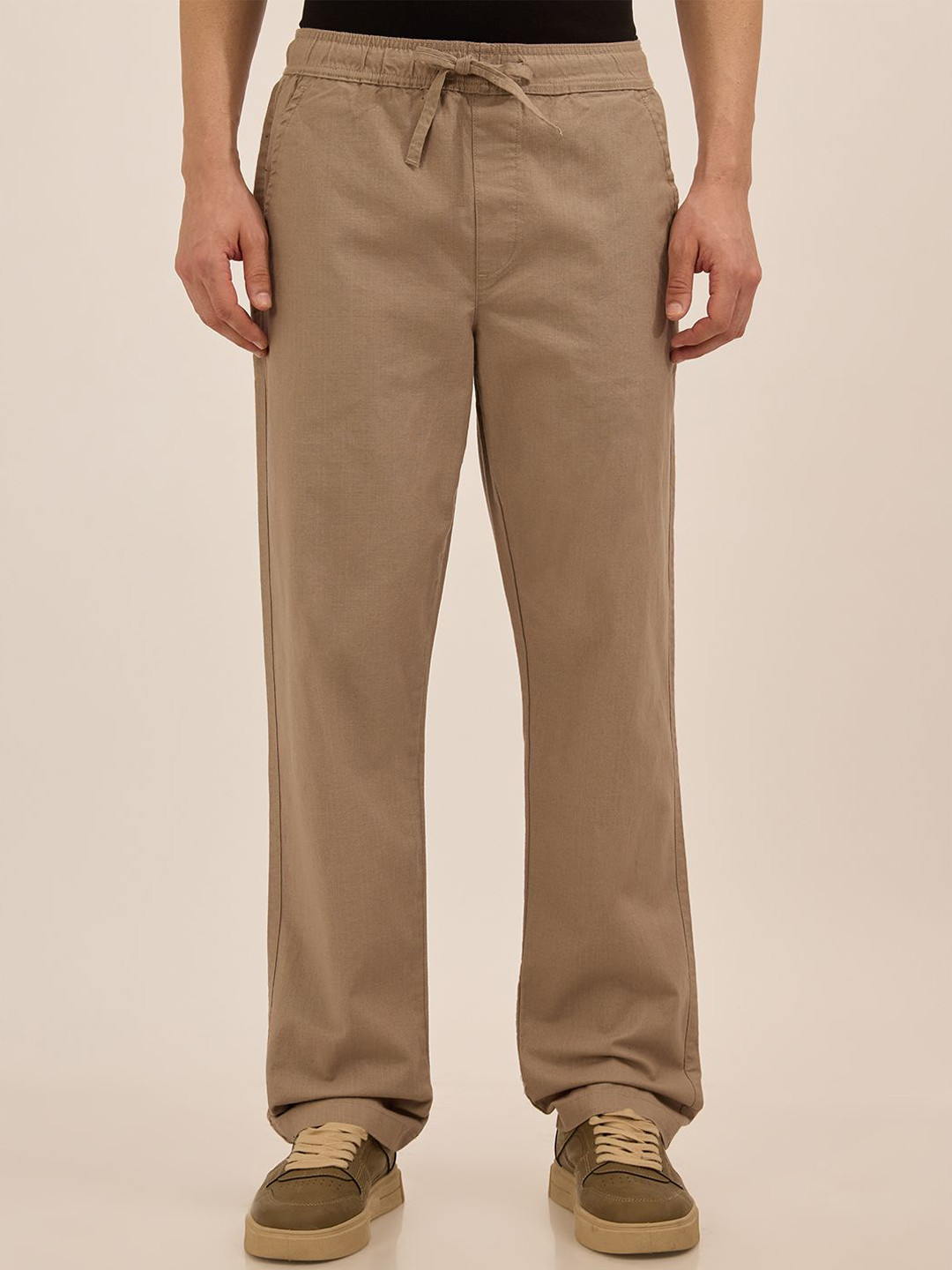 Espanshe Men Luxeloom Beige Relaxed Fit Cotton Trouser