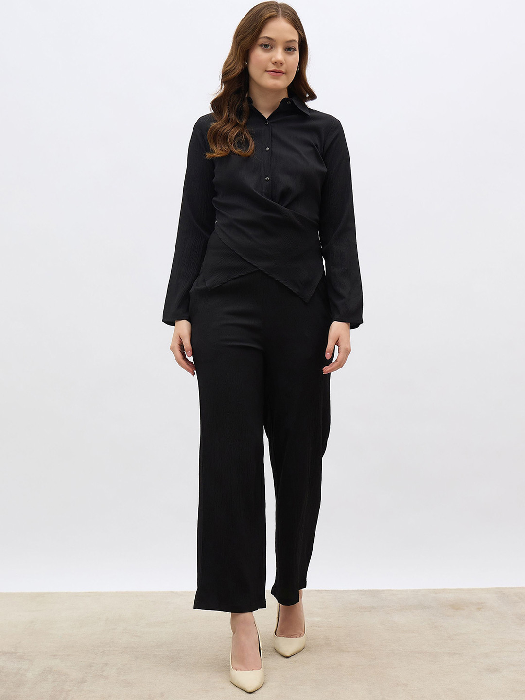 Styli Shirt Collar Wrap Shirt With Trousers