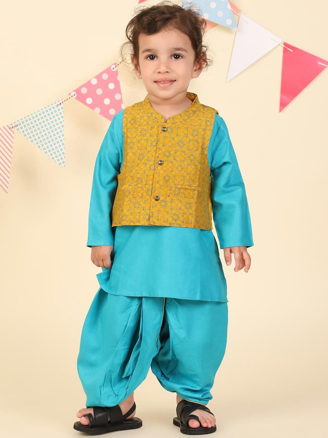 Fabindia Boys Round Neck Straight Kurta With Dhoti Pant & Nehru Jacket