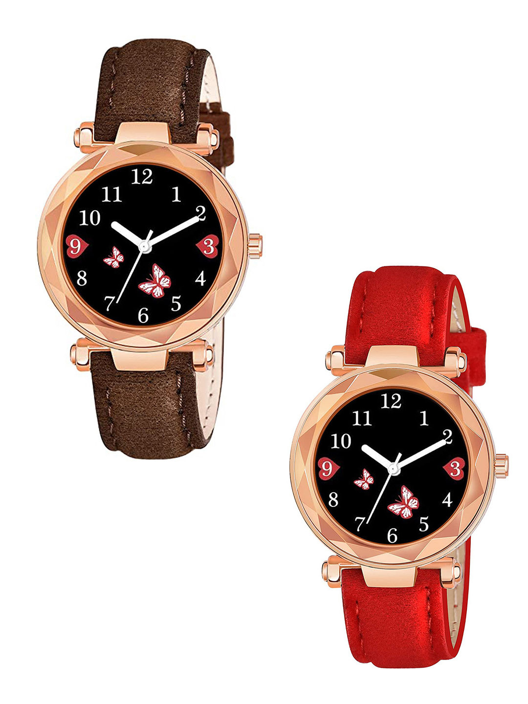 CSAMON Women Pack Of 2 Textured Straps Analogue Watch GR379RG BFly BRO RED Vel L