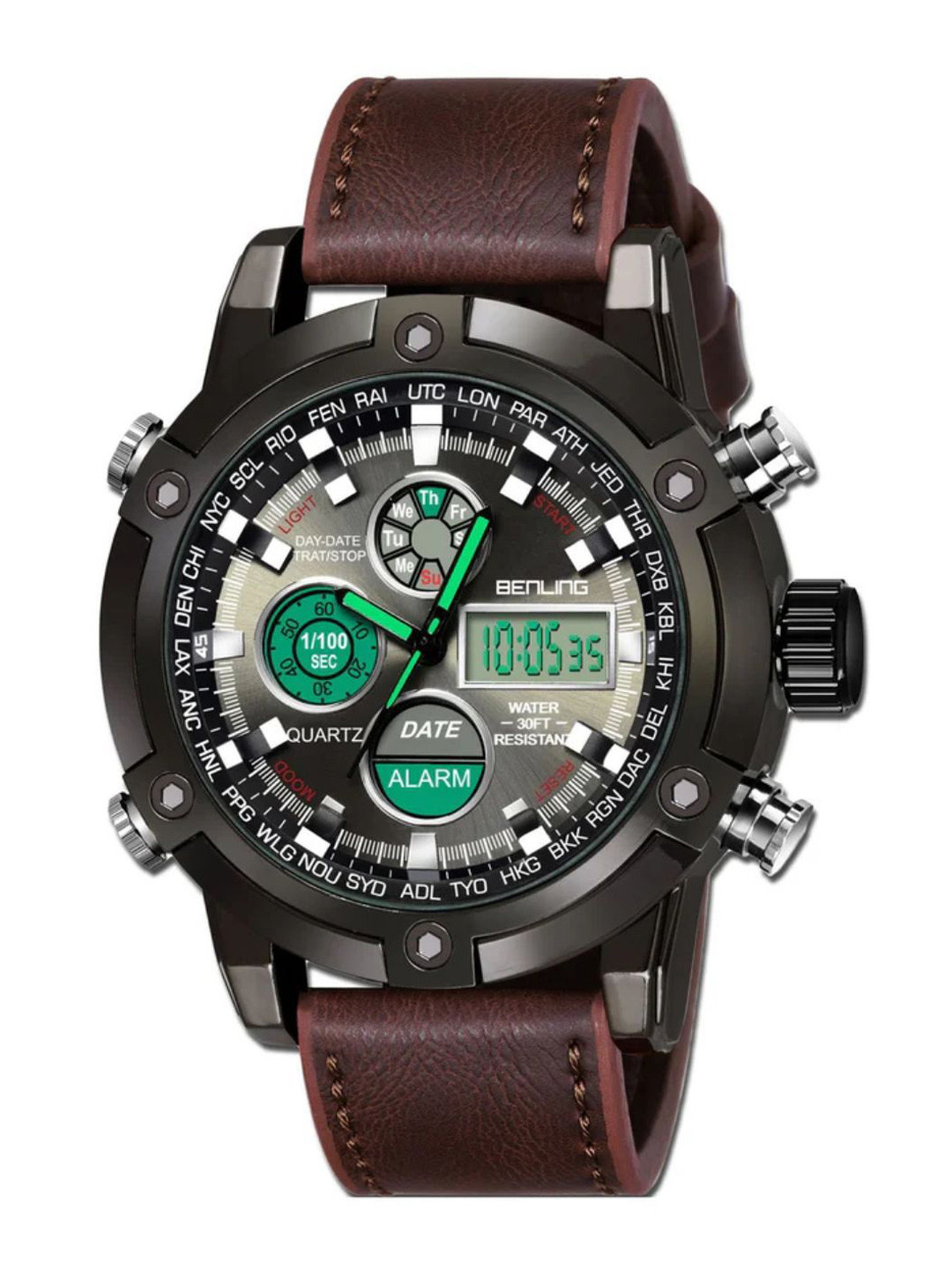 BENLING Men Dial & Leather Wrap Around Straps Analogue and Digital Watch