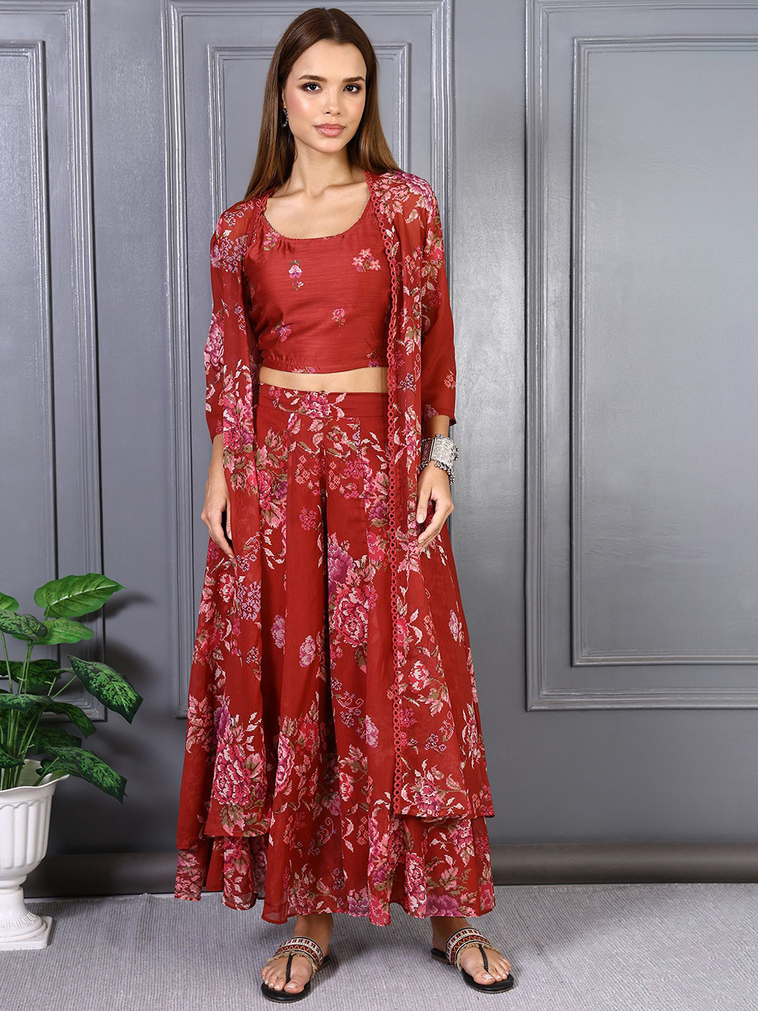 W Printed Crop Top & Jacket With Palazzos Co-Ords