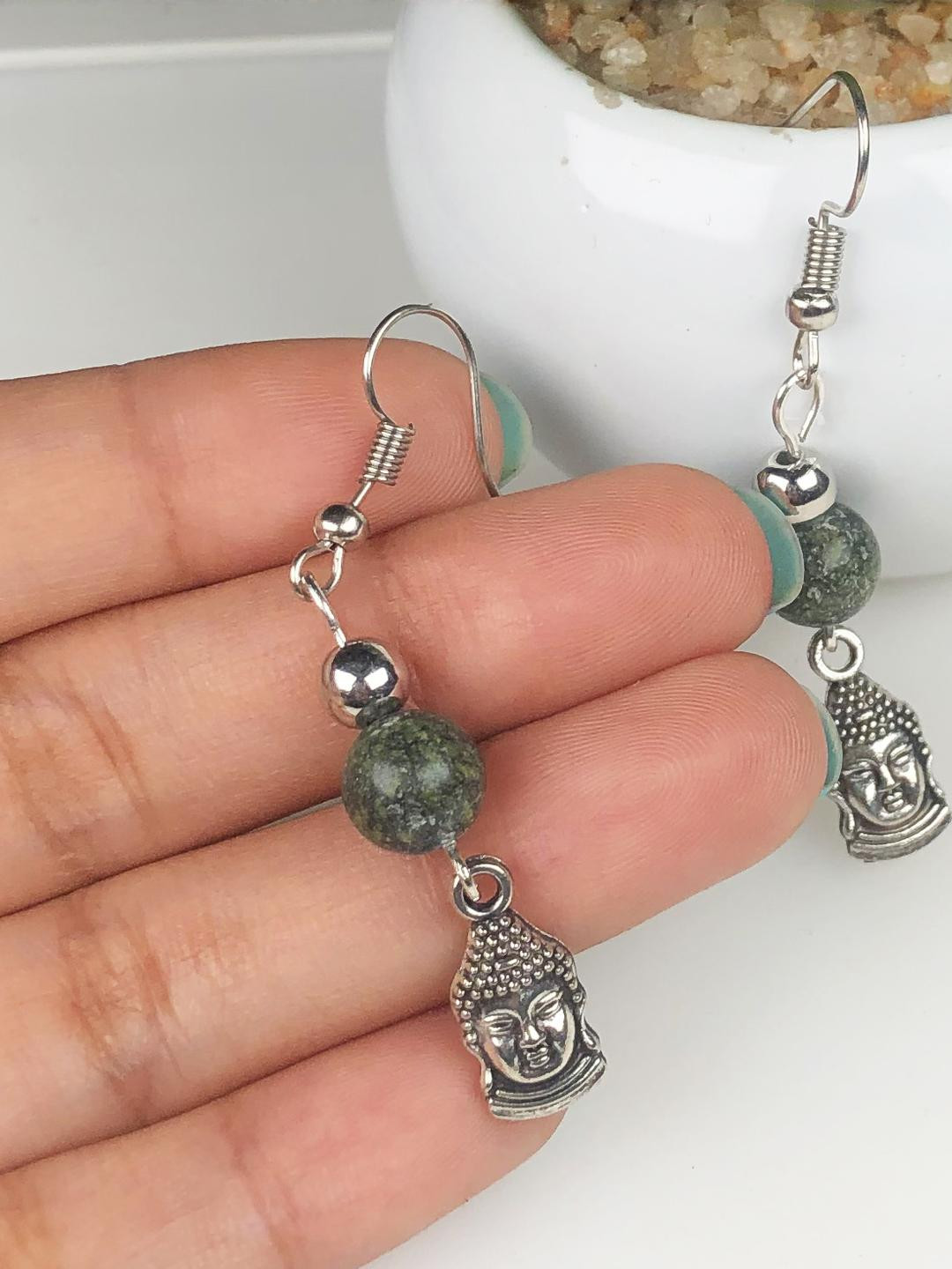 Hamdmade Gemstone Green Jasper Earrings For