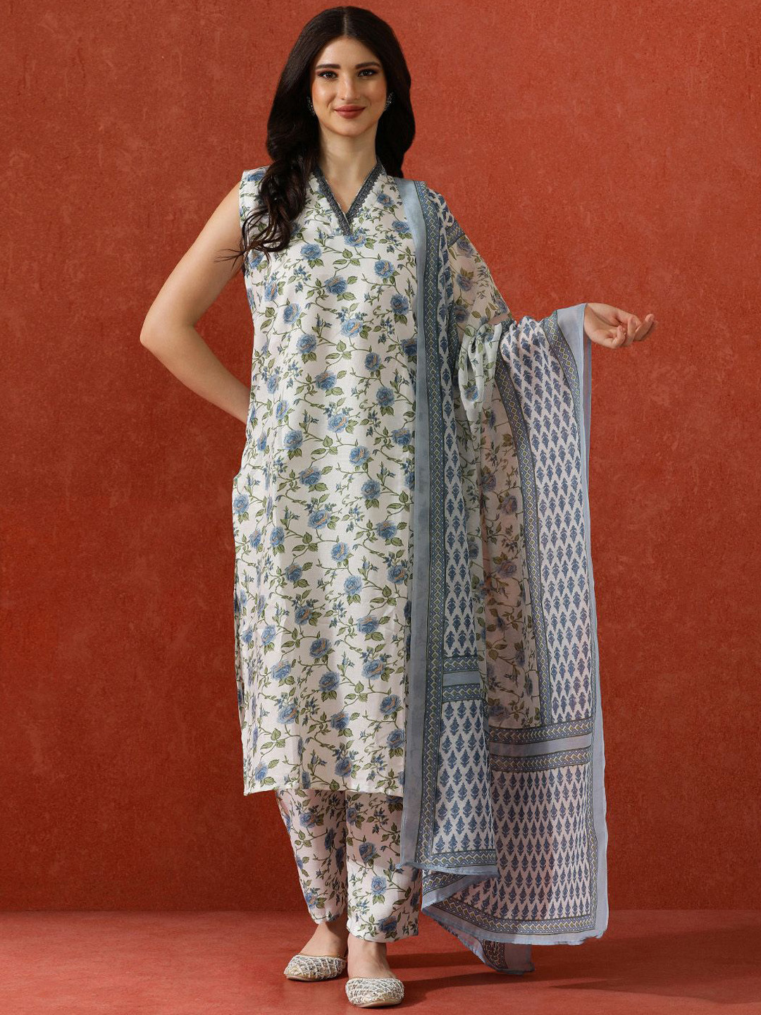 QSH Floral Printed A-Line Festive Kurta & Trousers With Dupatta