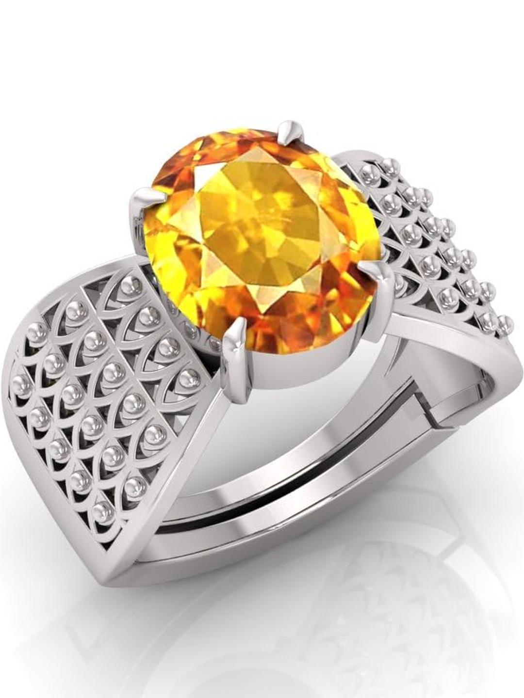 4.25 Ratti Pukhraj Stone Yellow Sapphire Gemstone Silver Plated | Adjustable Ring