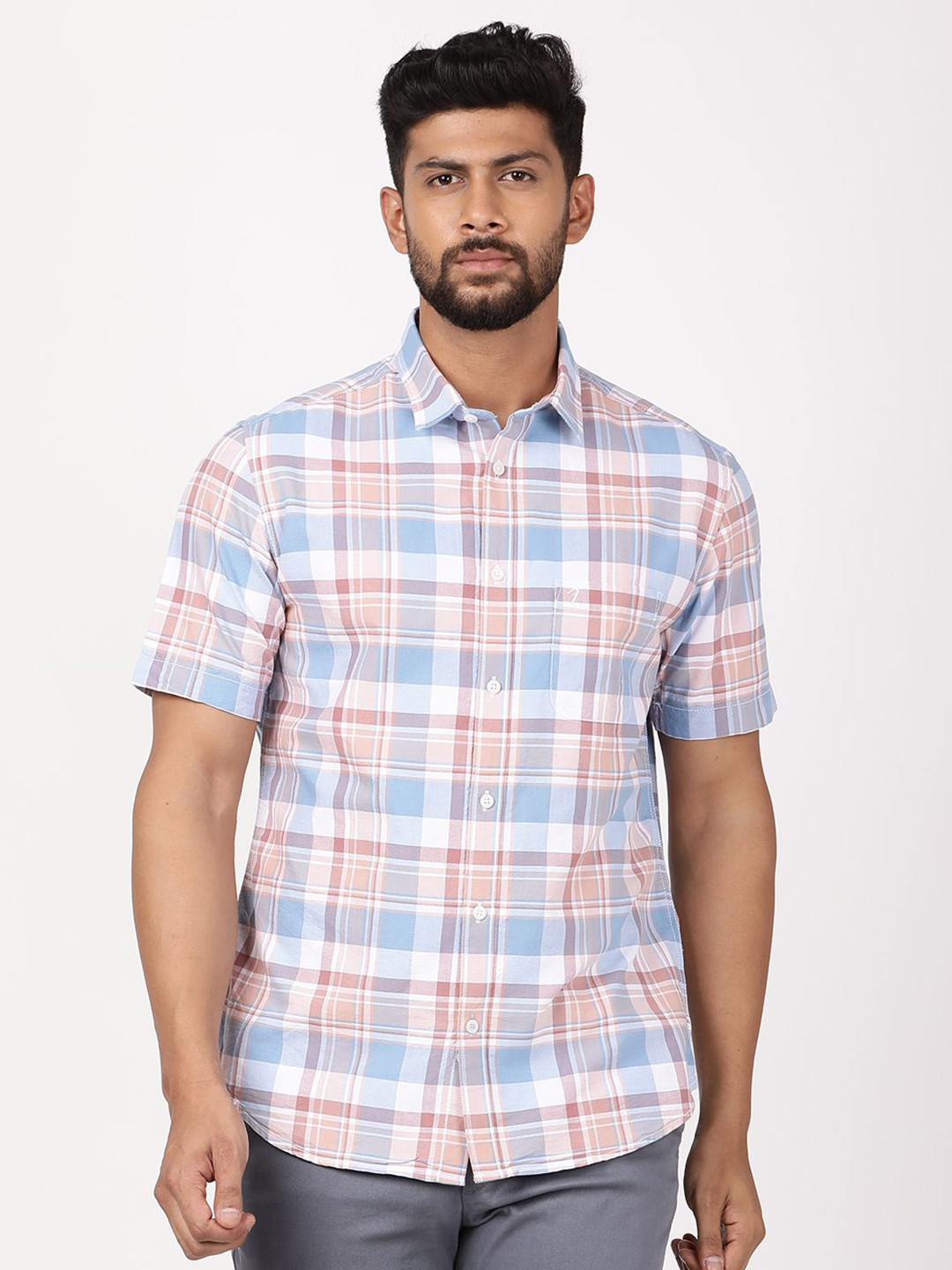 Indian Terrain Classic Short Sleeves Spread Collar Slim Fit Checked Cotton Shirt