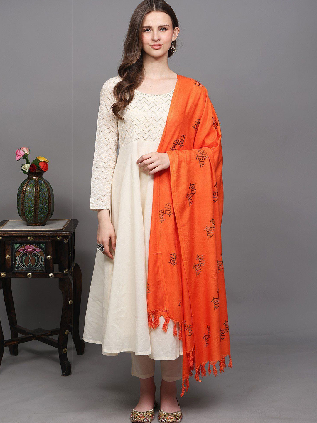 Exotic India Thread Radhe-Radhe Prayer Embroidered Thread Work Shawl