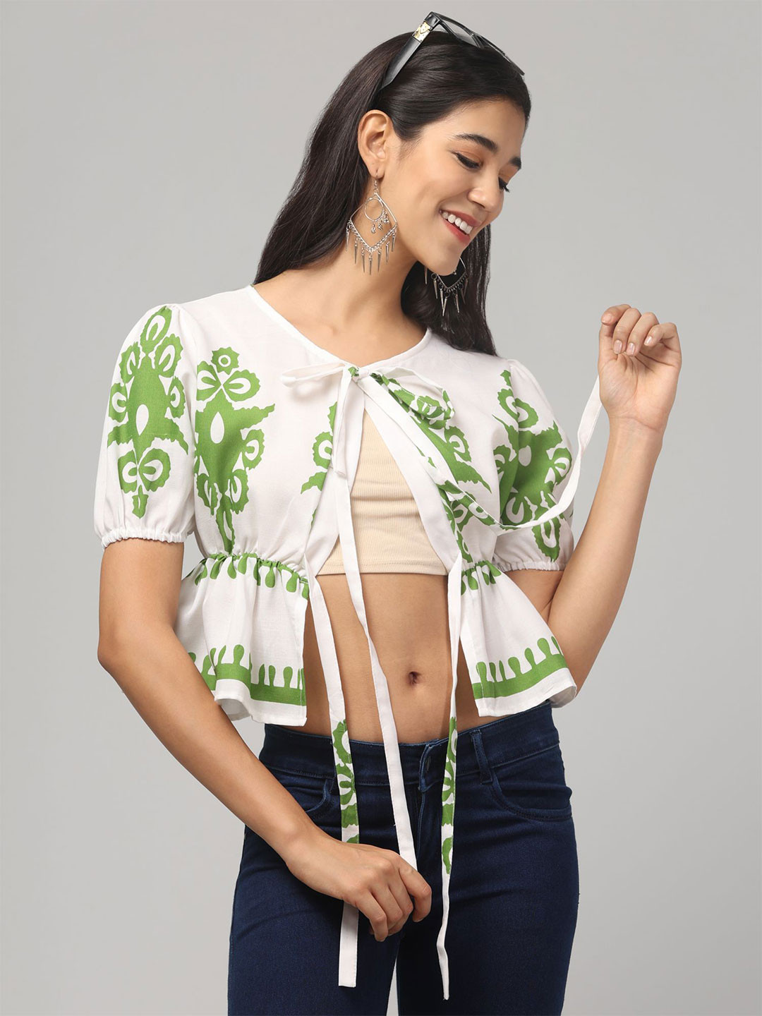 clobug Printed Puff Sleeve Tie-Up Neck Styled Back Crop Top