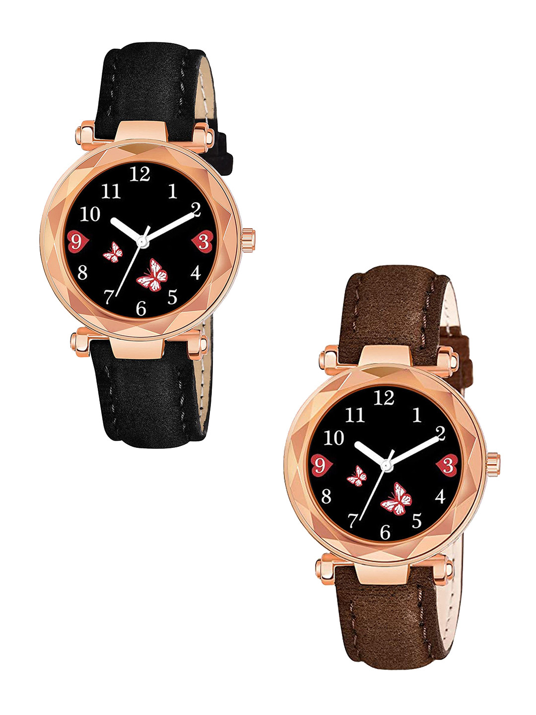 CSAMON Women Embellished Dial & Textured Straps Analogue Watch GR379RG BFly BLK BRO Vel L