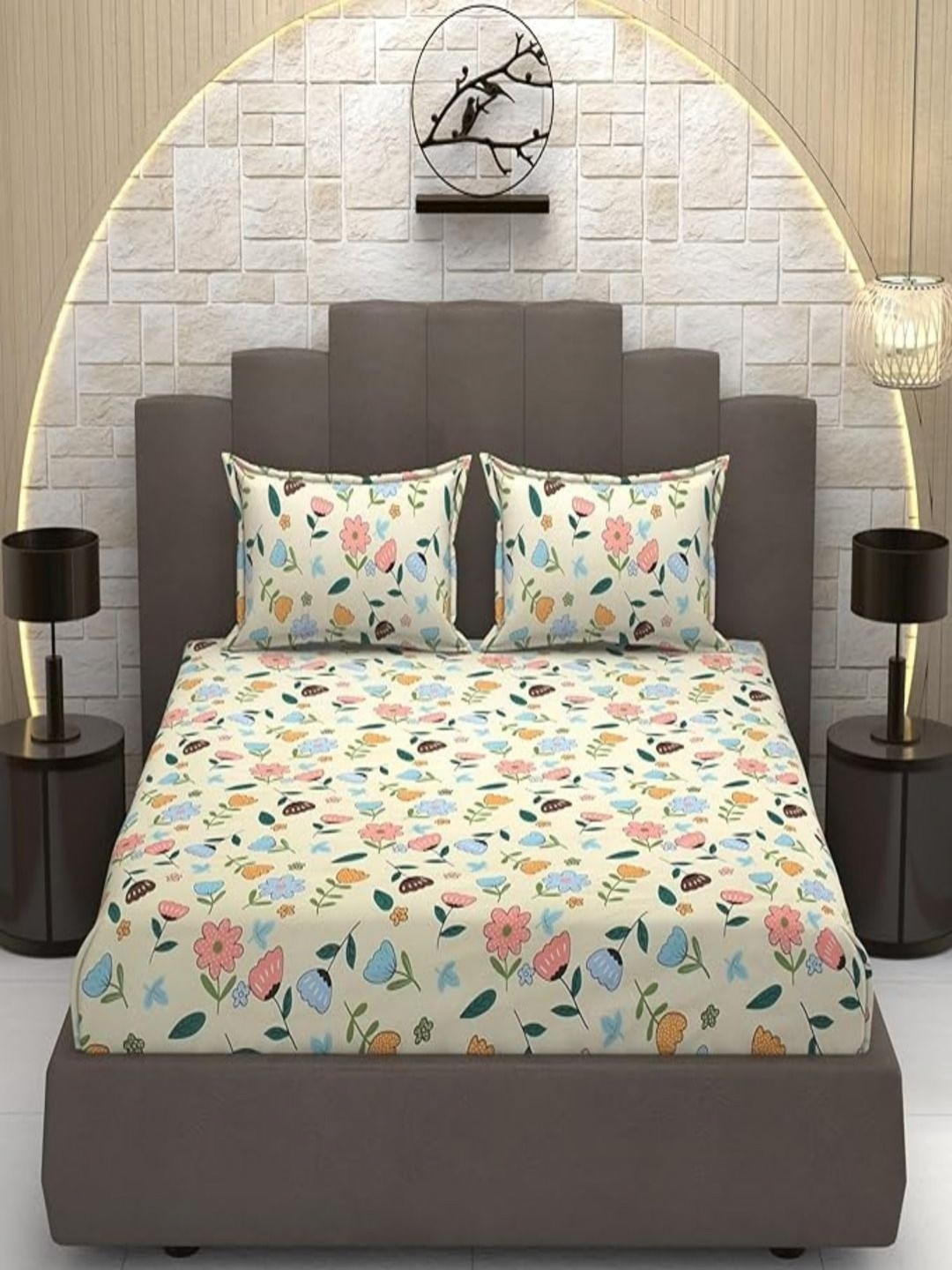 GADDA CO White & Pink Floral Premium 250 TC Cotton Queen Bedsheet with 2 Pillow Covers