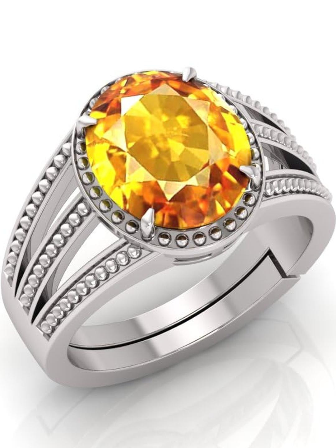 14.25 Ratti Pukhraj Stone Original Certified Yellow Sapphire Gemstone Silver PlatedAdjustable Ring