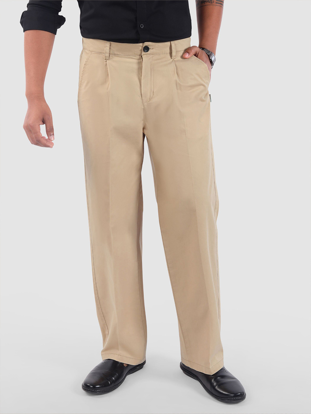 Beyoung Beige Cotton Twill Straight Fit Trousers