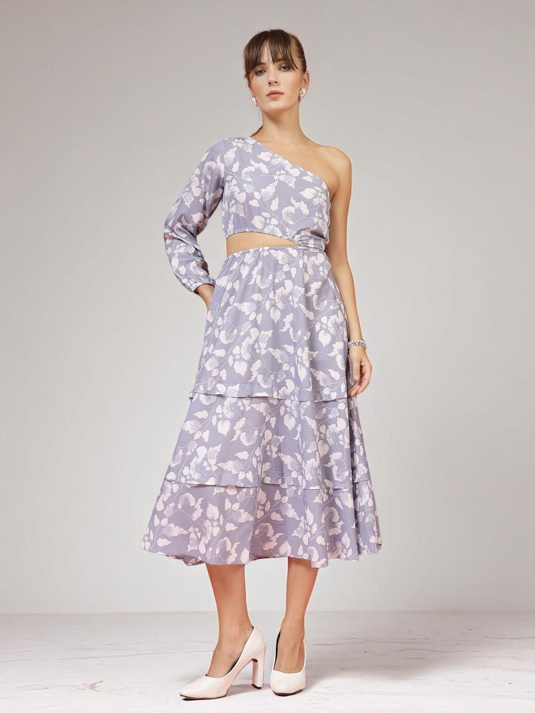 OOMPH! FACTOR Floral Print Cold-Shoulder Crepe A-Line Midi Dress