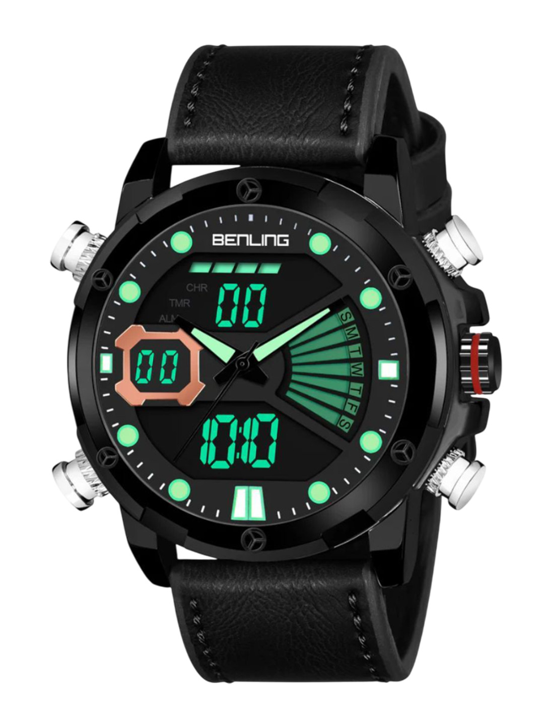 BENLING Men Dial & Leather Wrap Around Straps Analogue and Digital Watch BL-1020-BLKCASE-SQR-BLK-BLK