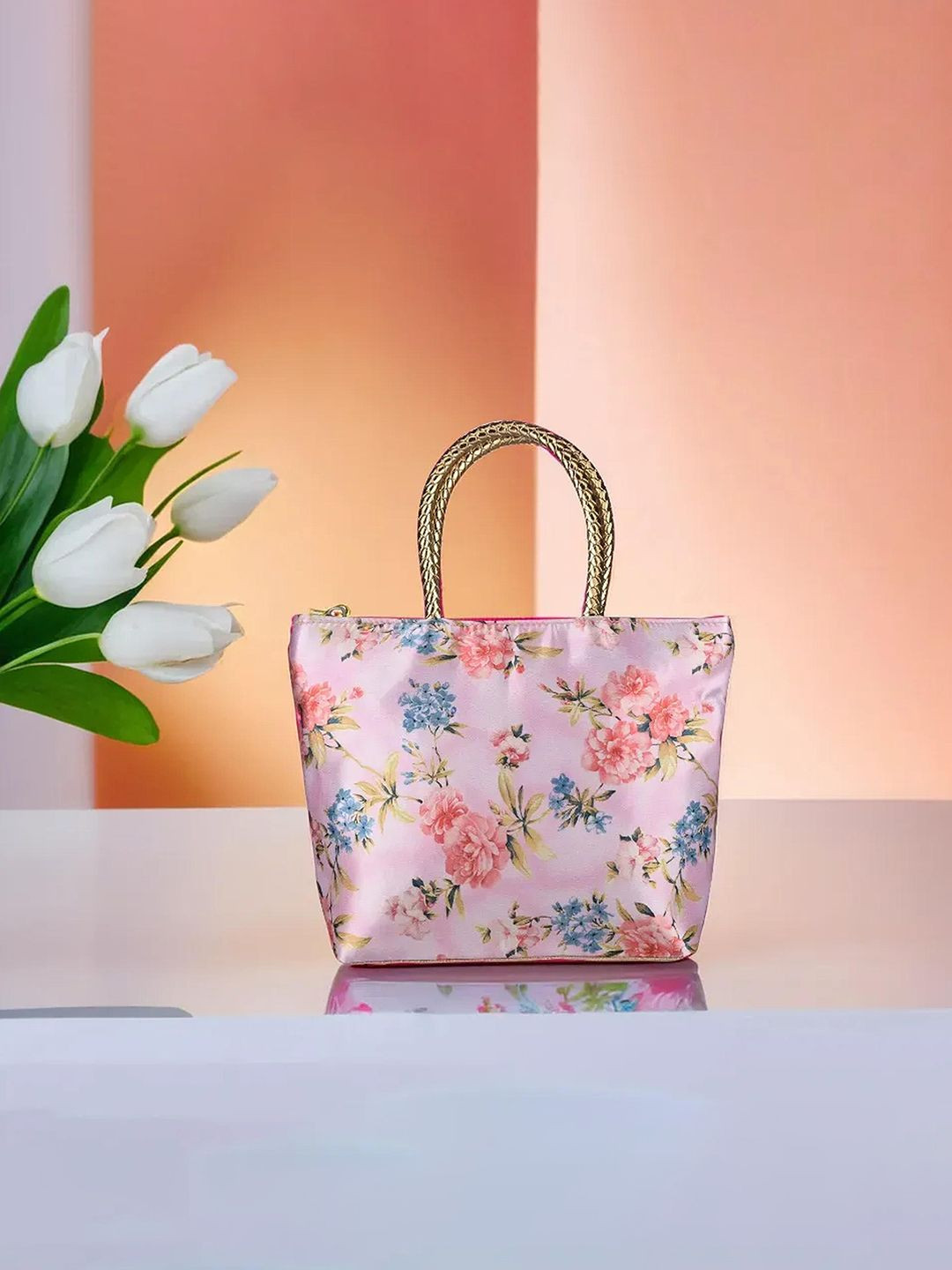 Kuber Industries Floral Printed Silk Handle & 1 Outer Zip Pocket Small Handbag