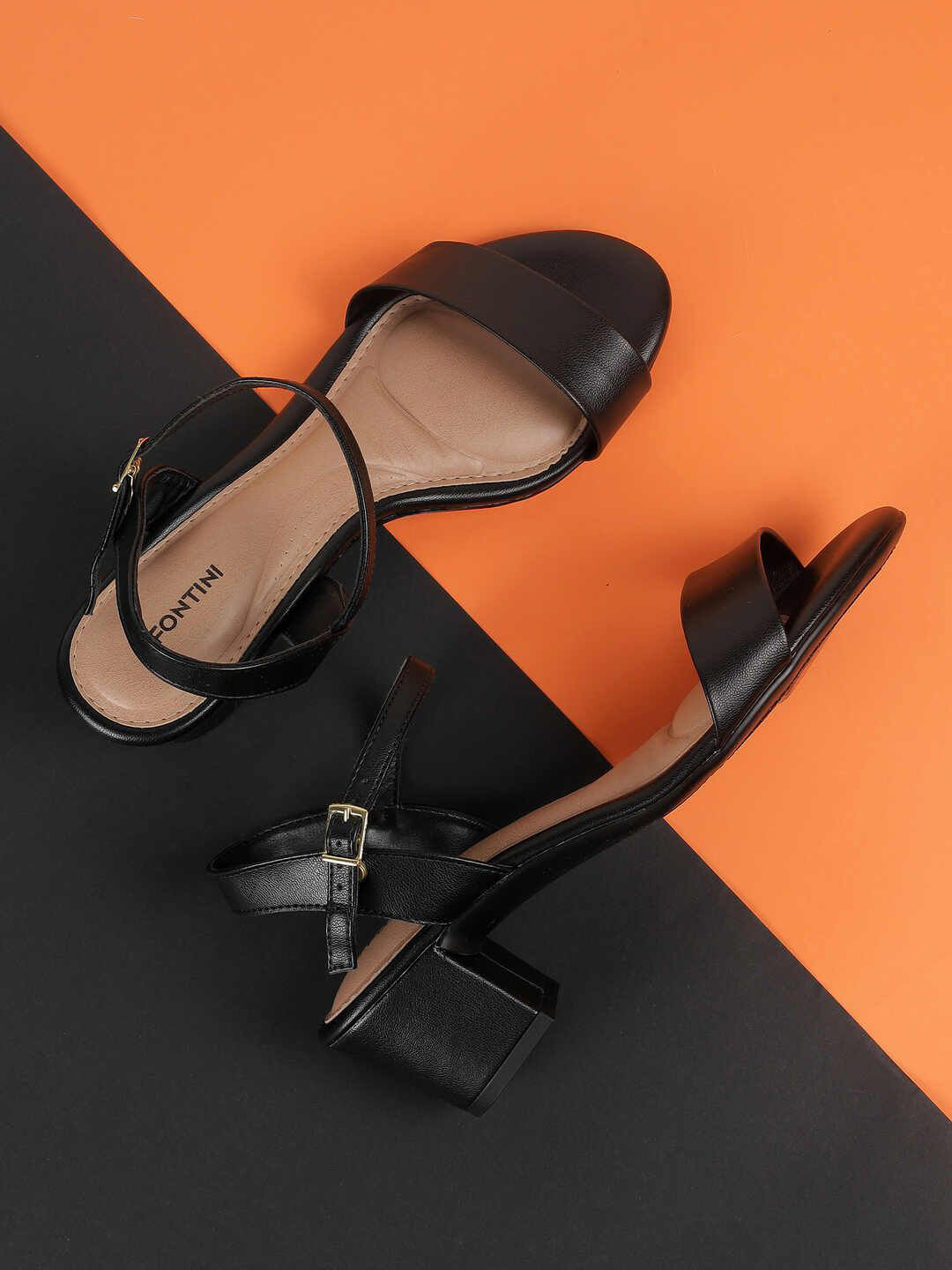 J.FONTINI Women Textured Block Heel Sandals with Buckles